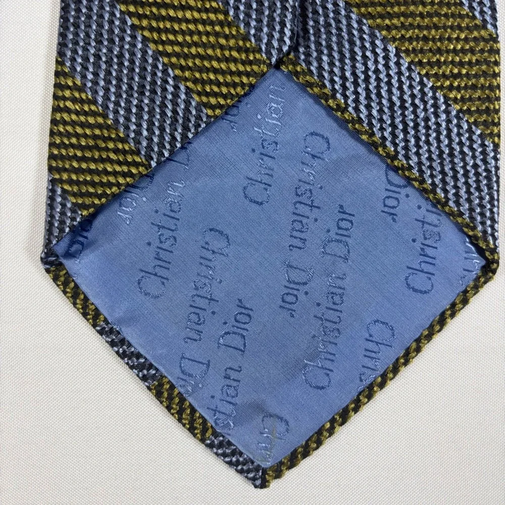 Christian Dior Mens Silk Necktie Vintage Striped Olive Green Blue‎ Designer Tie